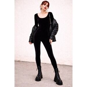 Vintage 90s Black Velvet Catsuit M Bodysuit Jumpsuit Boho Whimsigoth Goth